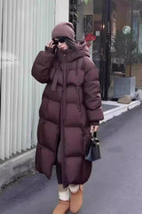 Trendy Long Hooded Puffer Jacket M / Brown