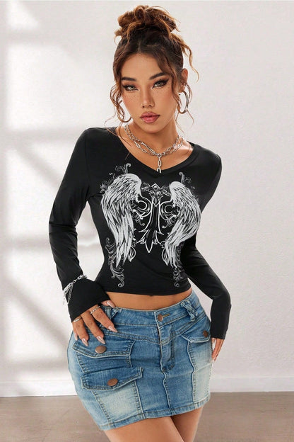 Y2K Gothic Wing V-Neck Long Sleeve T-Shirt