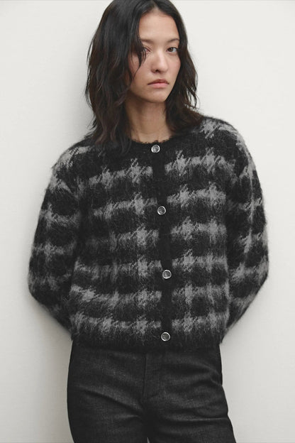 Casual Gray Plaid Knit Cardigan