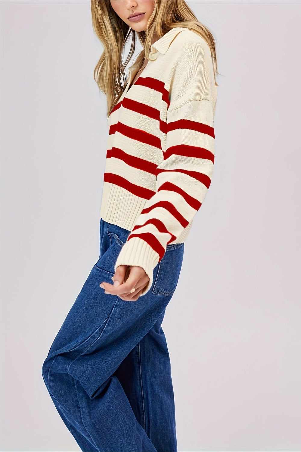 Striped Wool Collar V Neck Sweater