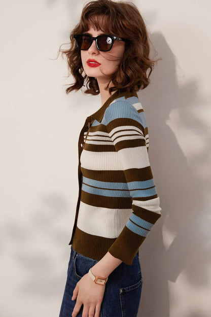 Striped Knit Turn down Collar Cardigan