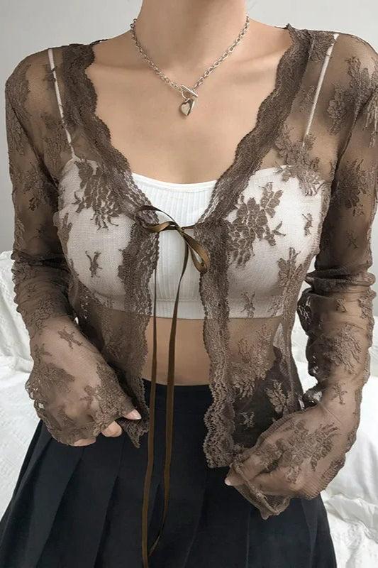 Lace Tie Front Sheer Crop Cardigan
