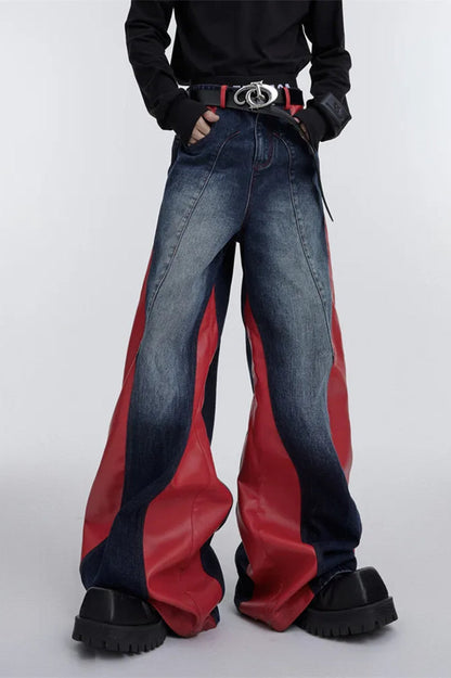 Wide Leg PU Leather Patchwork Jeans Red / M