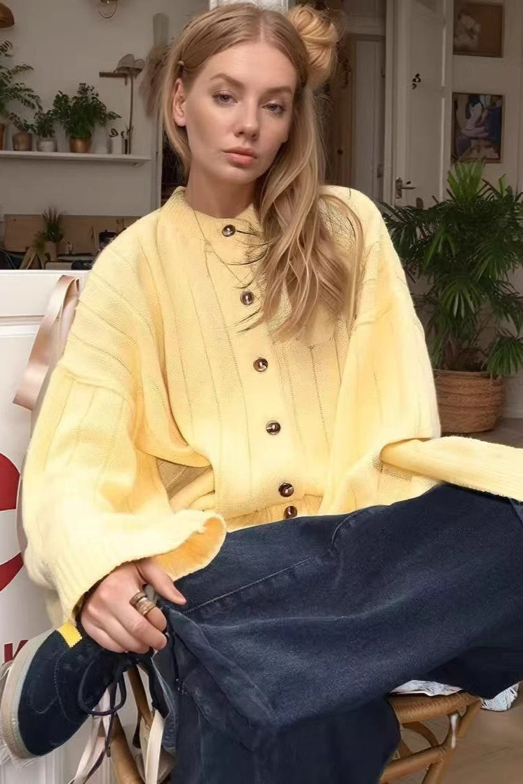 Yellow Ribbed Round Neck Knit Cardigan S / Yellow
