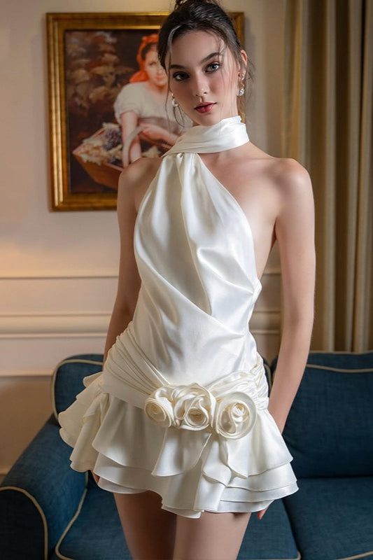 Elegant Satin 3D Floral Cocktail Dress