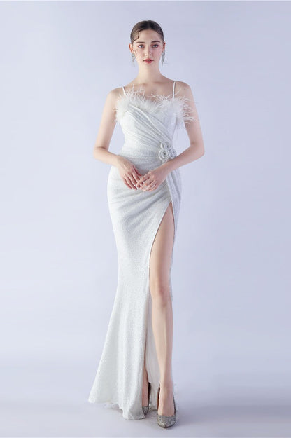 Ostrich Feather Embellished Maxi Dress