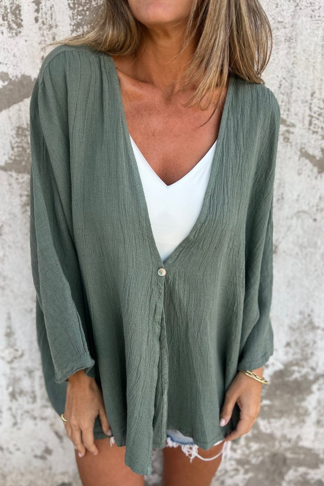 Loose Fit V Neck Long Sleeve Cardigan Green / S