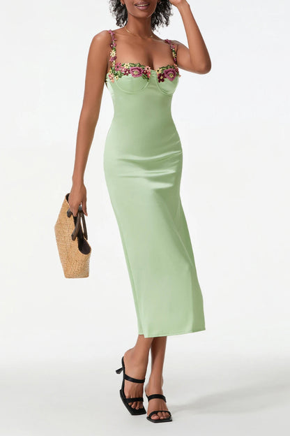 Satin Flower Embroidery Midi Dress