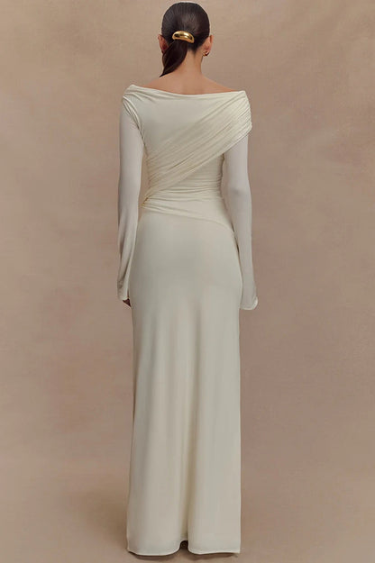 V Neck Long Sleeve Ruched High Waist Maxi Dress