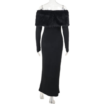 Onyx Fur Midi Dress - Black