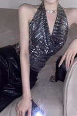 Sequin Halter Backless Crop Top