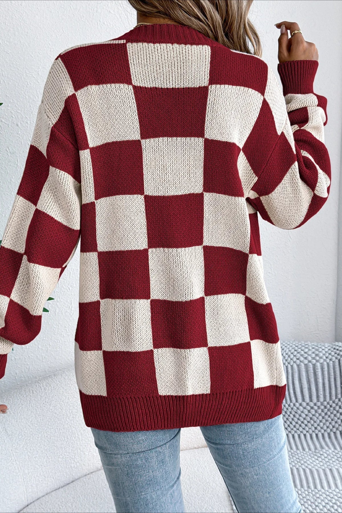 Plaid Knit Casual Loose Cardigan