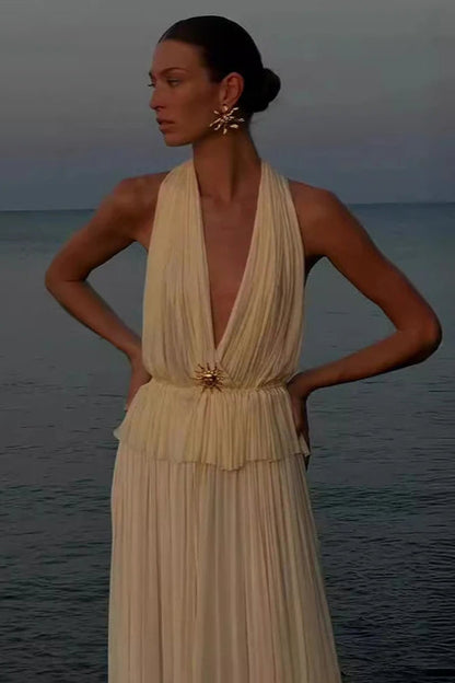 Pleated Halter Top Boho Dress White / S