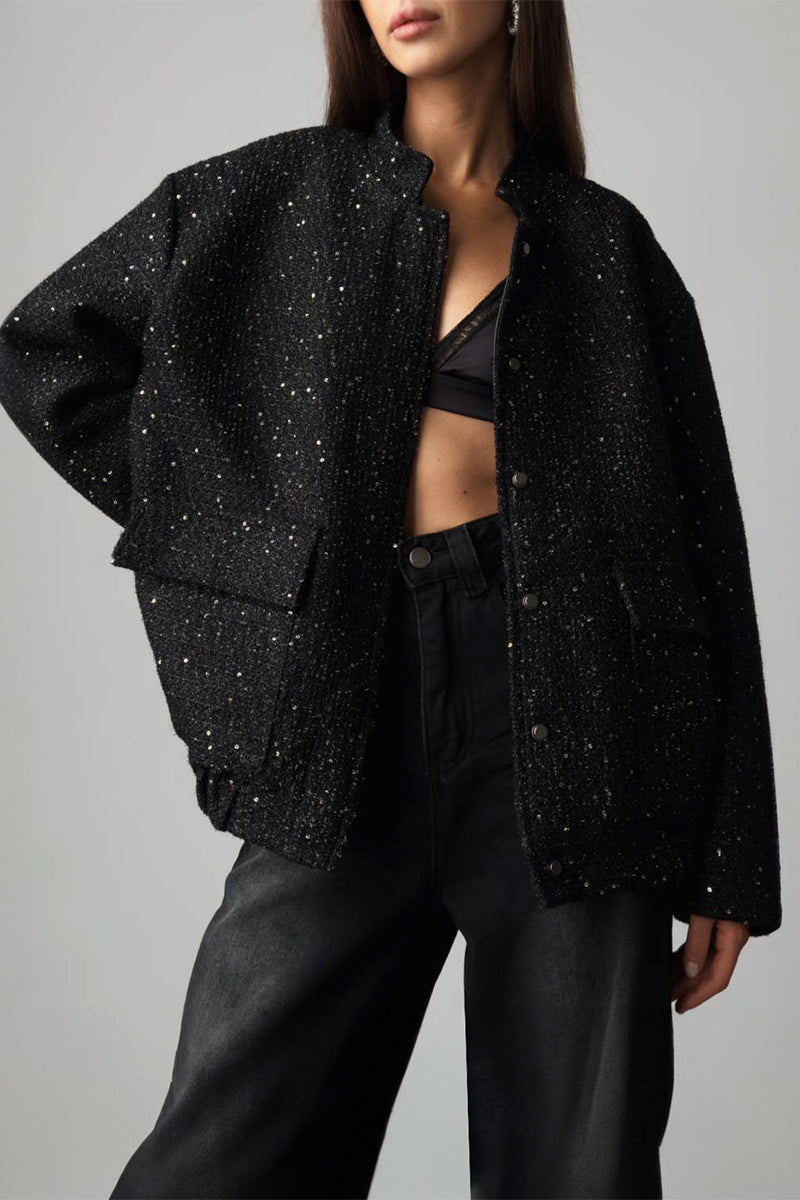 Sequin Stand Collar Pocket Jacket