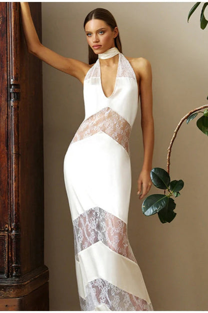 Vintage Lace Long Evening Boho Dress White / S