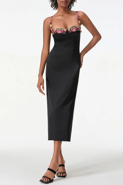Satin Flower Embroidery Midi Dress