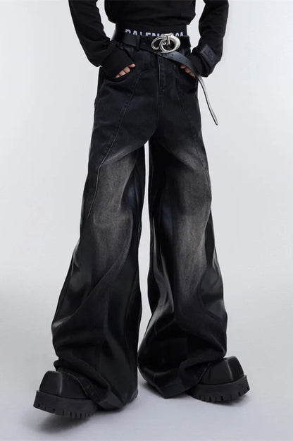 Wide Leg PU Leather Patchwork Jeans Black / M