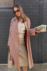 Checkered Lapel Midi Trench Overcoat