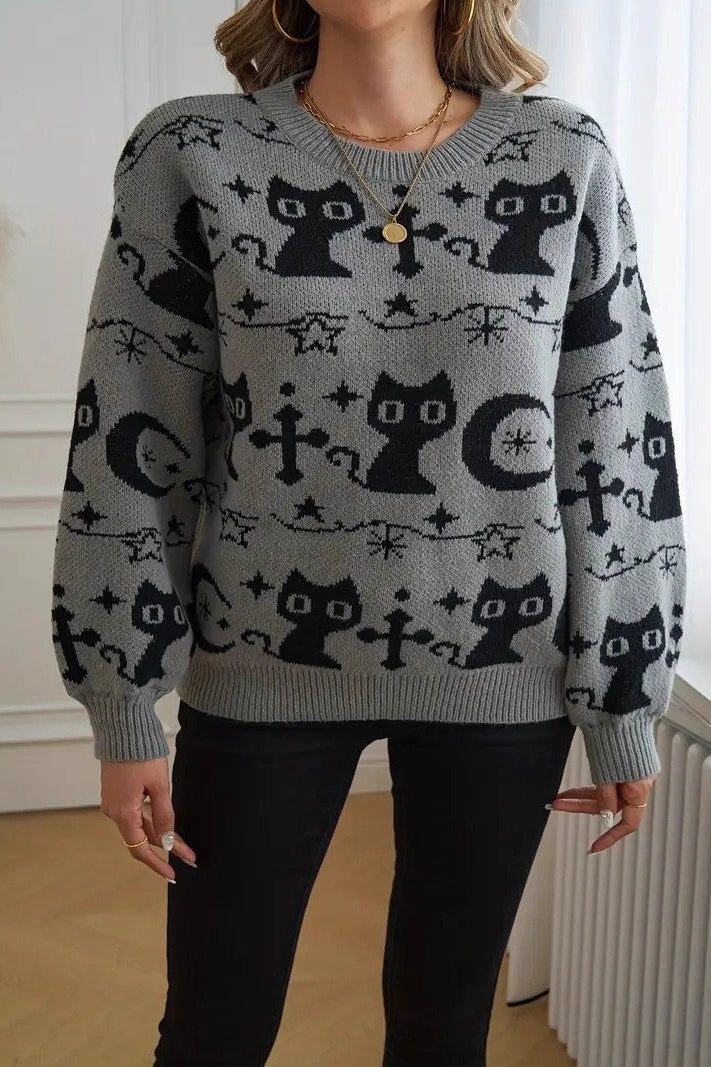Black Cat Moon Jacquard Knit Sweater