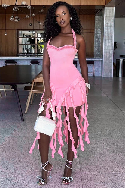 Halter Ruffle Patchwork Mini Dress
