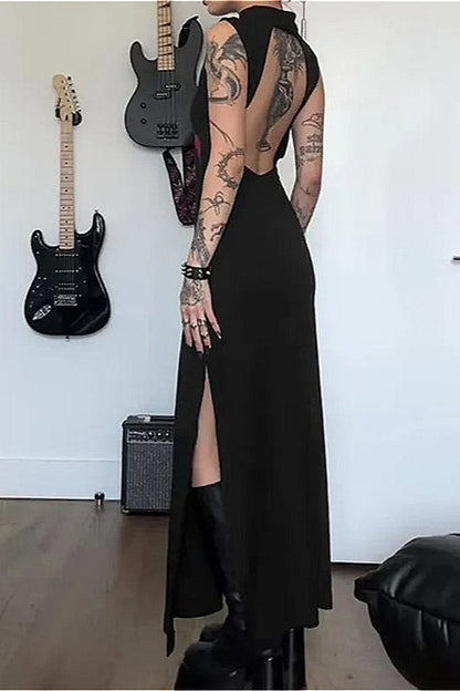 Halloween Gothic Rose Print Backless Long Dress