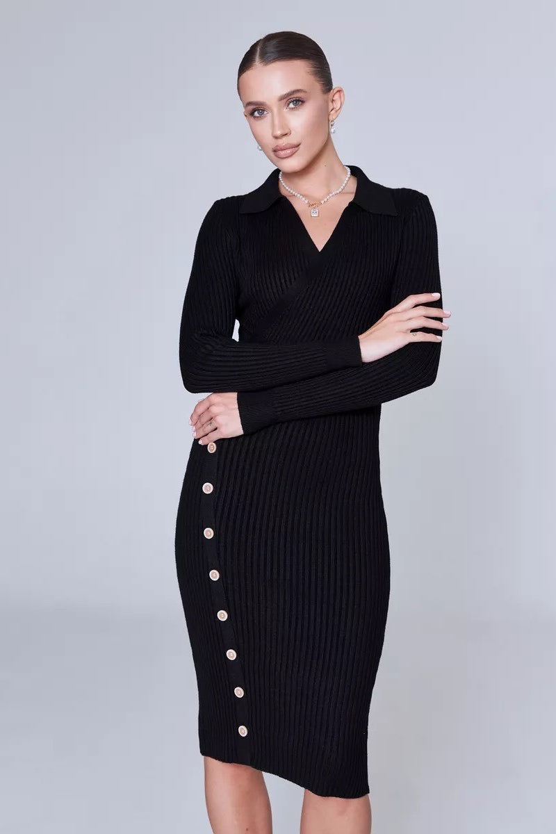 Polo Neck Bodycon Sweater Dress S / Black