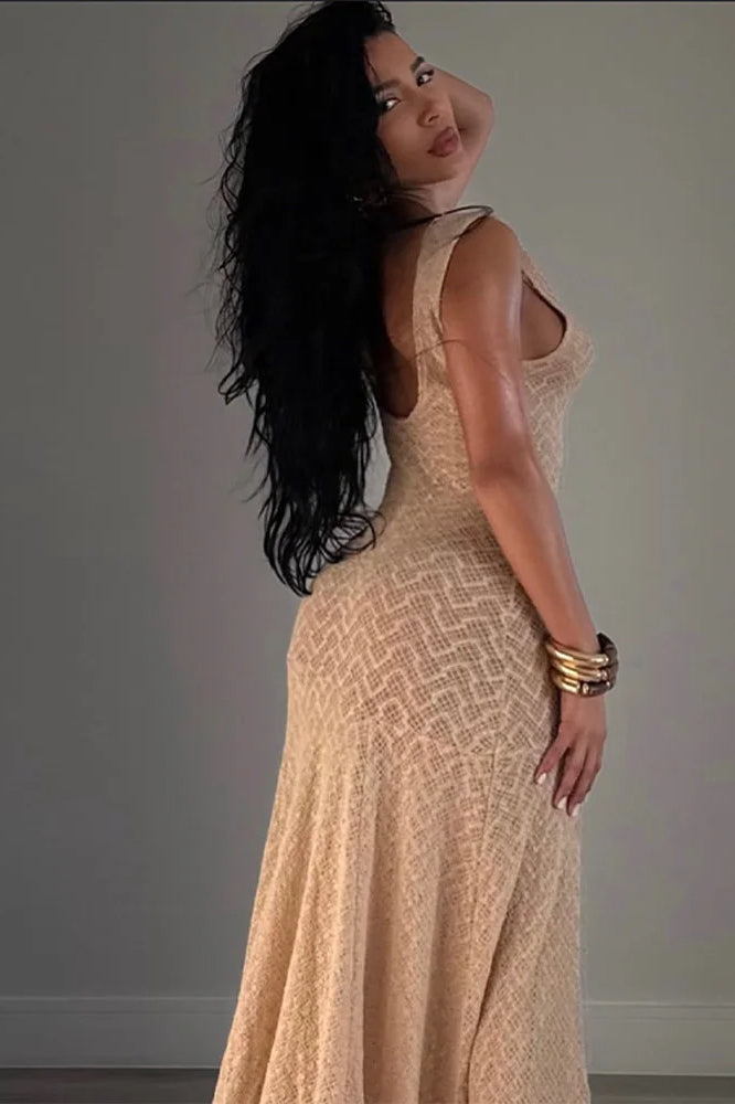Sexy O-Neck See-Through Fit and Flare Maxi Dress