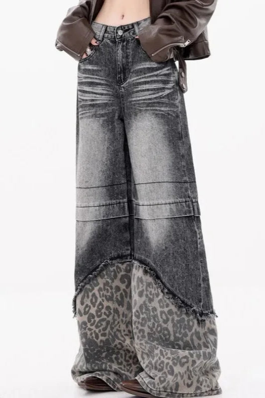 Patchwork Leopard Wide Leg Jeans