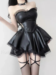 90s Waist Hollow Corset Mini Black High Vintage Party Lace up Gothic Out Dress