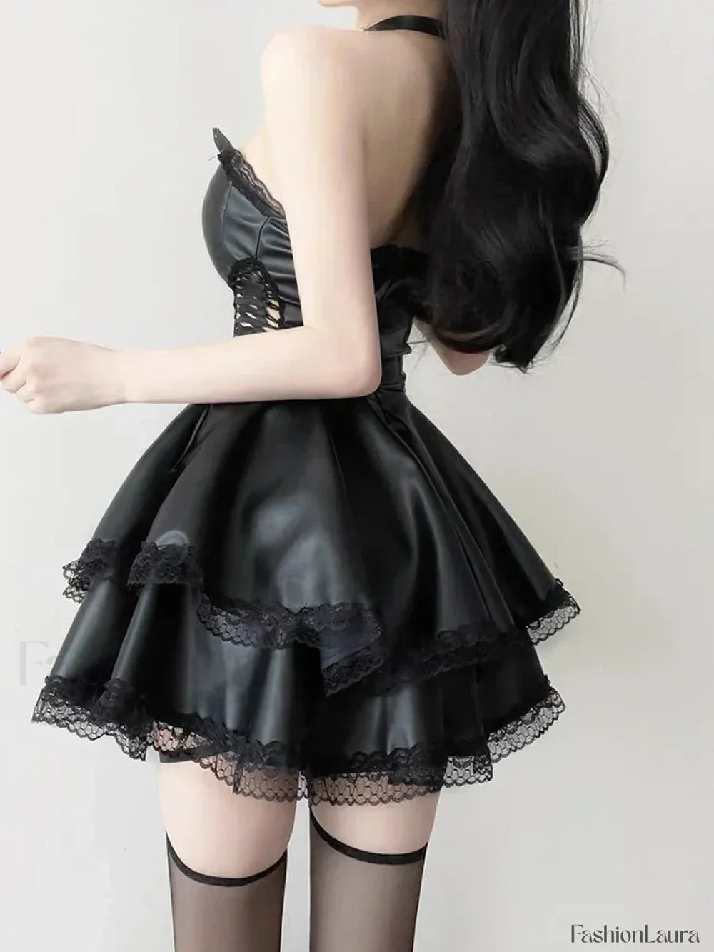 90s Waist Hollow Corset Mini Black High Vintage Party Lace up Gothic Out Dress