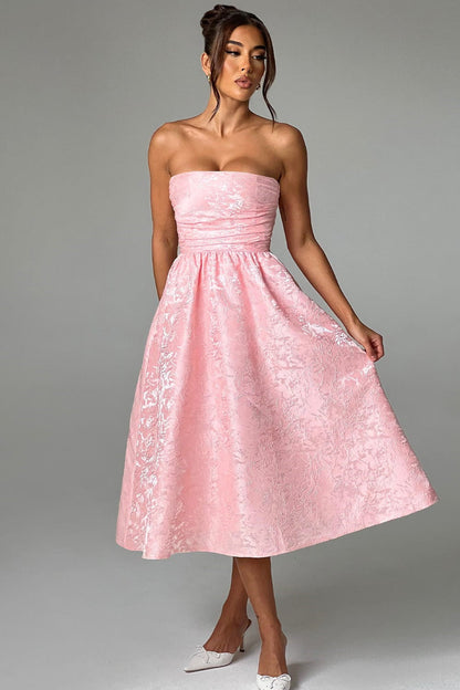 Solid Jacquard Strapless A-Line Party Dress