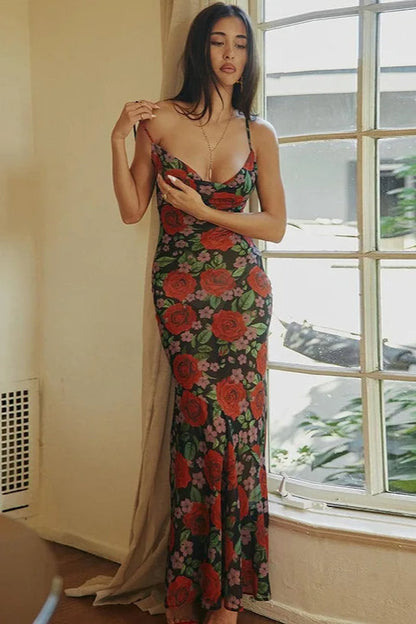 Floral Print Draped Sleeveless See-Through Maxi Dress