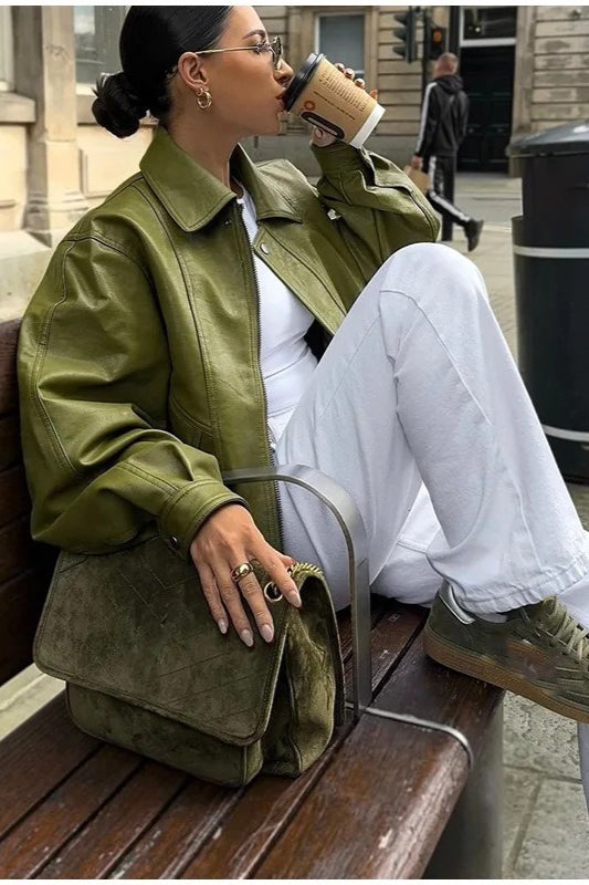 Vintage Green Faux Leather Jacket Green / S