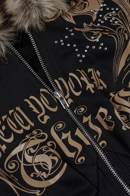Dark Style Letter Print Rhinestone Hoodie