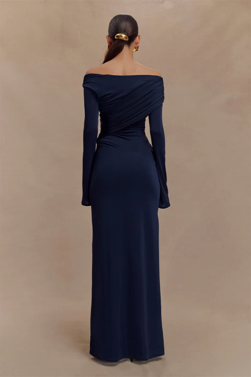V Neck Long Sleeve Ruched High Waist Maxi Dress