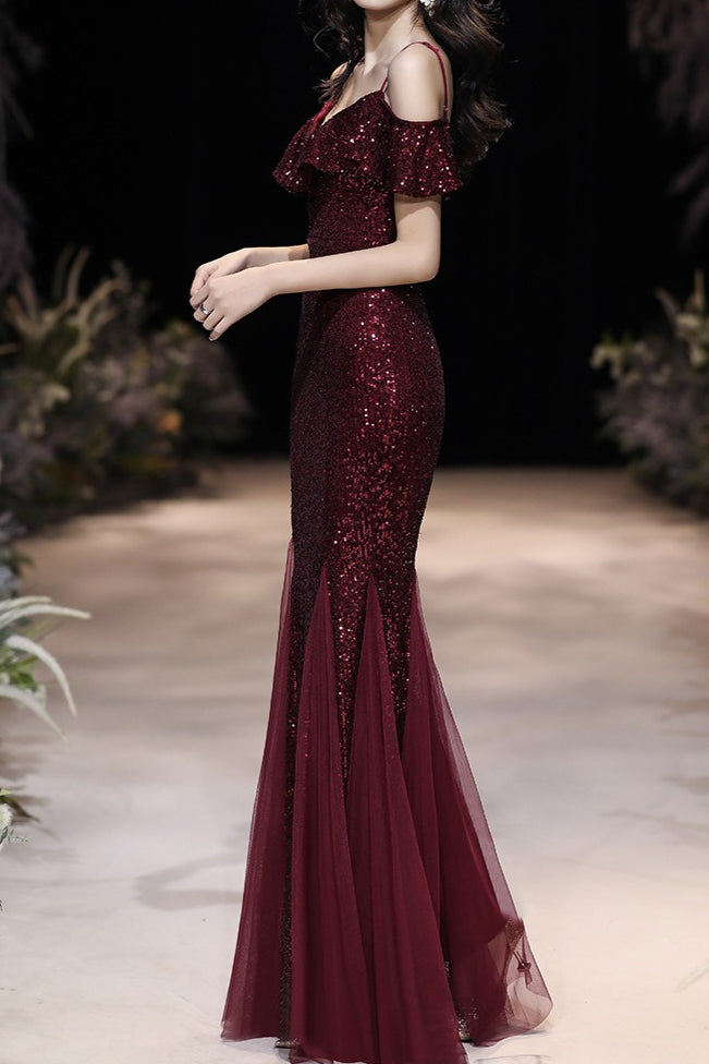 Off Shoulder Sequin Mesh Party Dress XS / Red