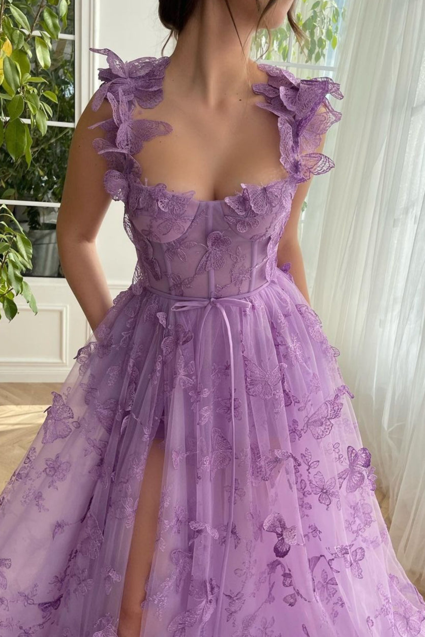 Sheer Tulle Spaghetti Strap High Slit Party Dress