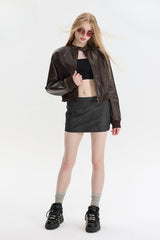 PU Leather Zip Up Bomber Jacket