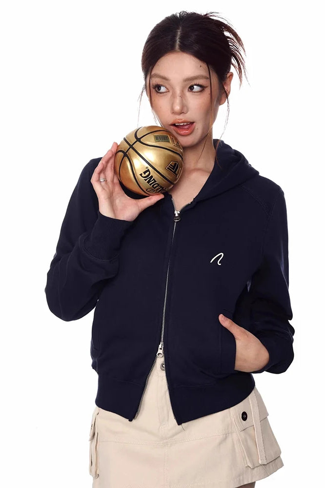 Loose Fit Long Sleeve Zipper Hoodie Navy blue / S