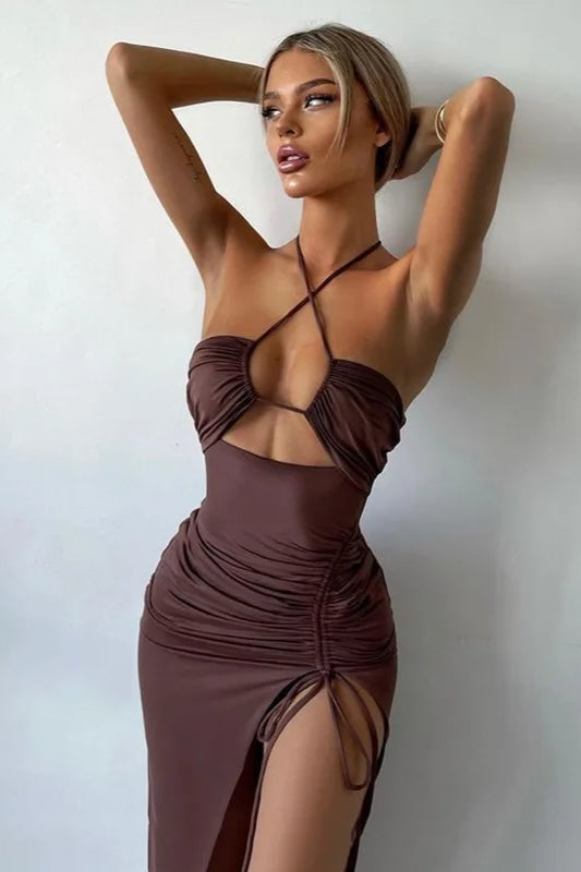 Sexy Halter Backless Cut Out Slit Maxi Dress
