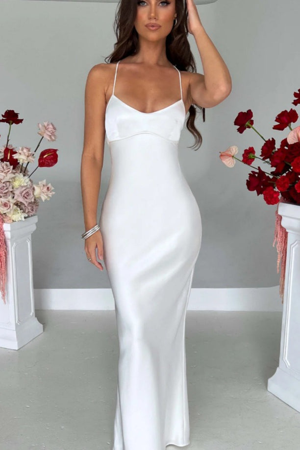 Back Tie Spaghetti Strap Formal Dress S / White