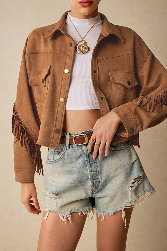 Fringe Trim Drop Shoulder Casual Jacket Brown / S