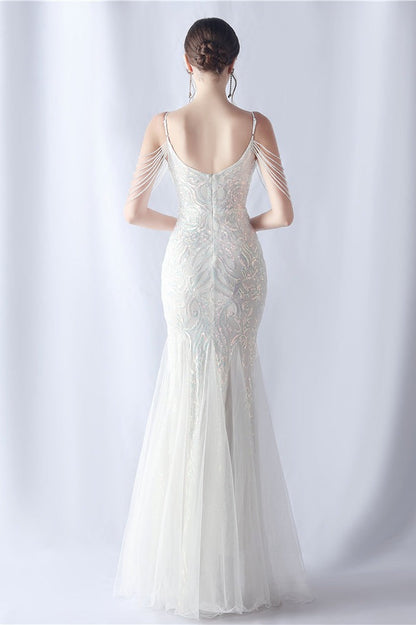 Beaded Mesh Cocktail Maxi Dress