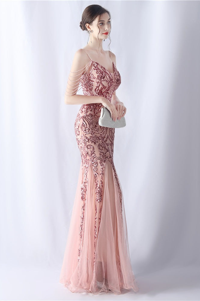 Beaded Mesh Cocktail Maxi Dress