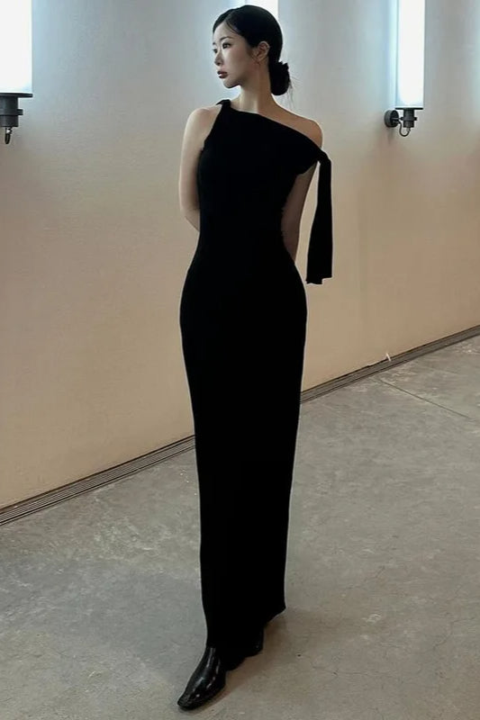 Elegant One Shoulder Asymmetric Tie Maxi Dress