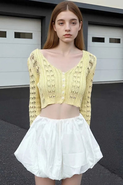 Hollow Out Knit V Neck Long Sleeve Cardigan