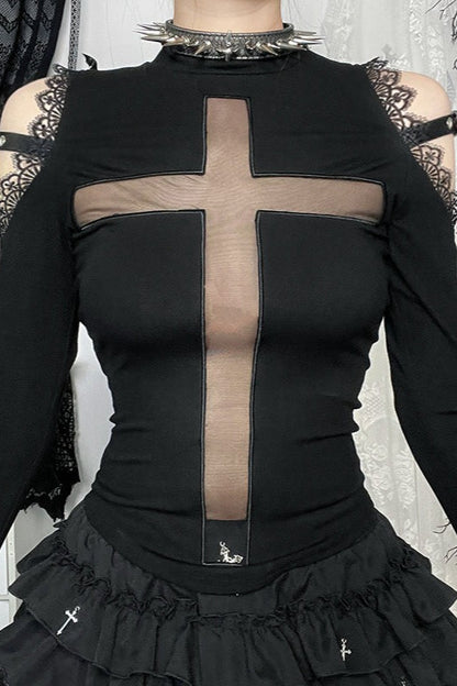 Gothic Cross Sheer Long Sleeve T-Shirt
