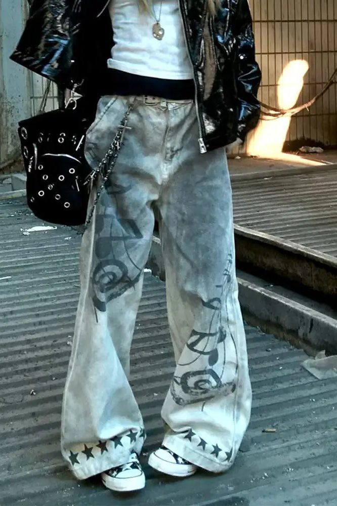 Music Note Print Vintage Jeans