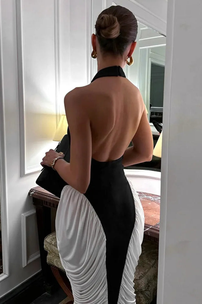 Patchwork Halter Midi Dress