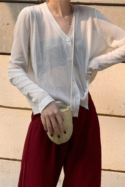 V Neck Lightweight Knit Cardigan White / One Size